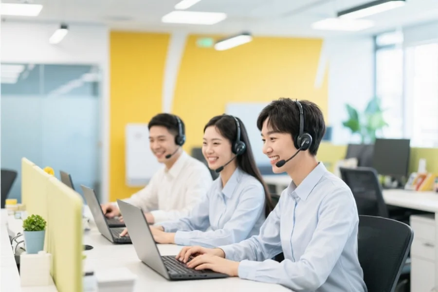 现代办公室内，专业客户服务团队正微笑为客户提供在线支持，背景为明亮色调