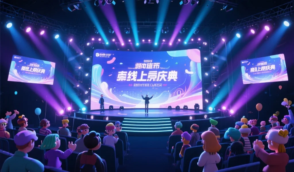 一场盛大的线上庆典活动,虚拟舞台上灯光闪烁,用户角色欢聚一堂
